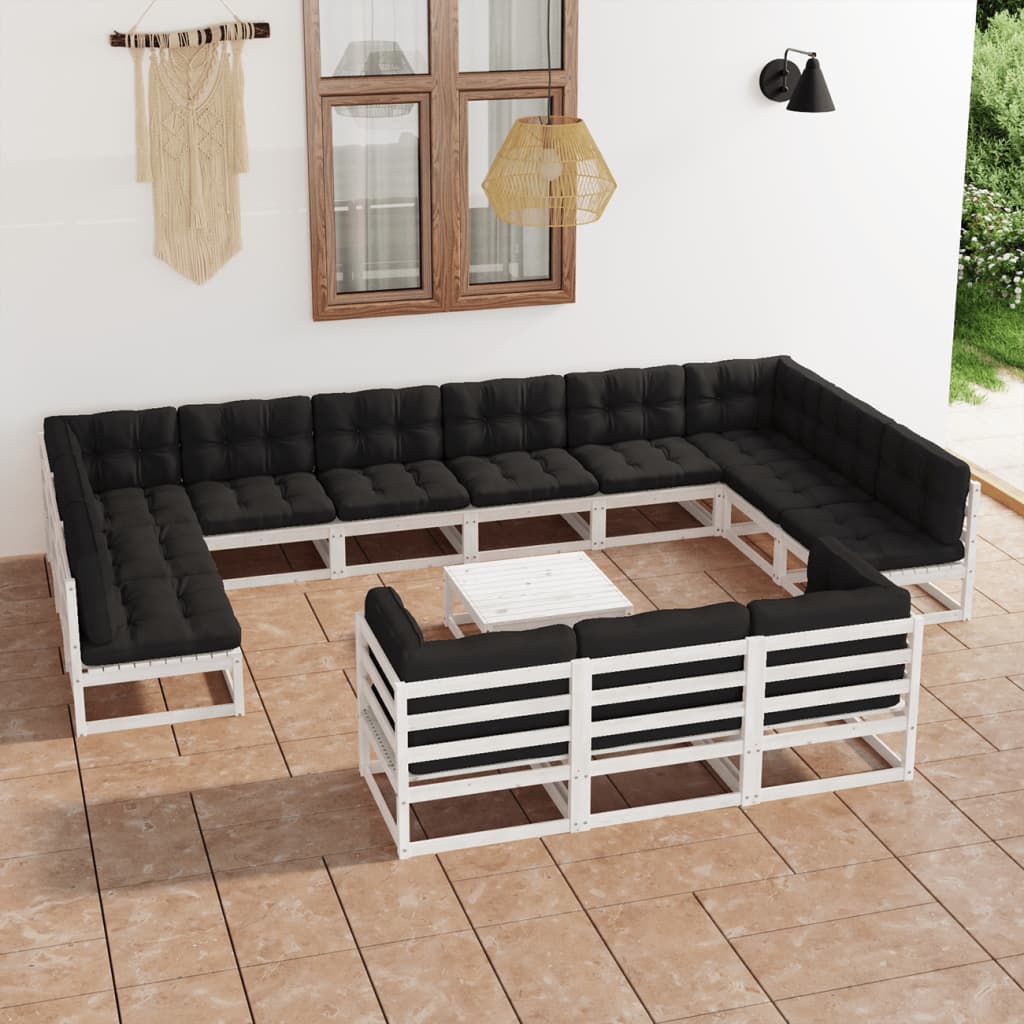 14-tlg. Garten-Lounge-Set mit Kissen Weiss Kiefer Massivholz